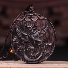 Ebony Wood-Carved Vermilion Bird Pendant