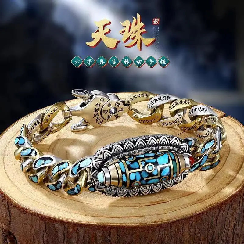 Tsinglong-Turquoise Six-Word Mantra Bracelet with Nine-Eyed Dzi Bead - Image #2