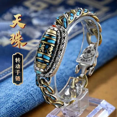 Tsinglong-Turquoise Six-Word Mantra Bracelet with Nine-Eyed Dzi Bead - Image #4