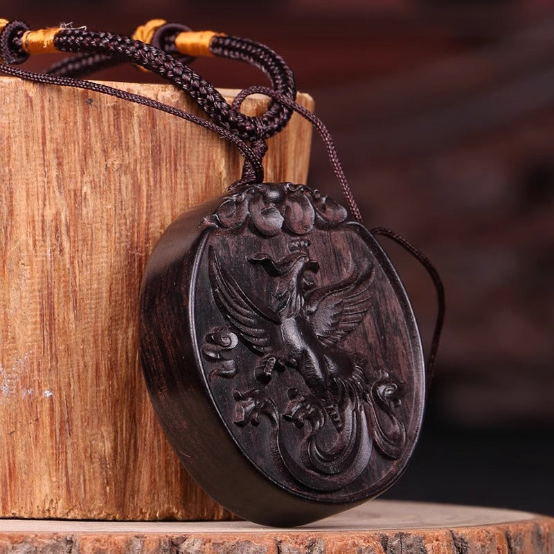 Ebony Wood-Carved Vermilion Bird Pendant