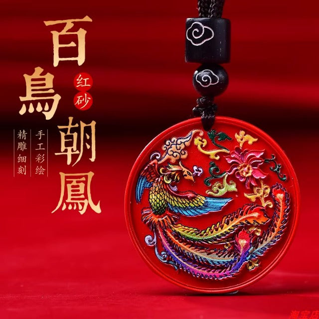 Cinnabar Hand-Painted Thangka Dragon and Phoenix Pendant