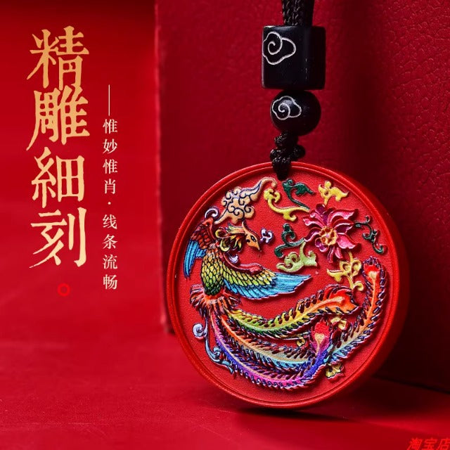 Cinnabar Hand-Painted Thangka Dragon and Phoenix Pendant