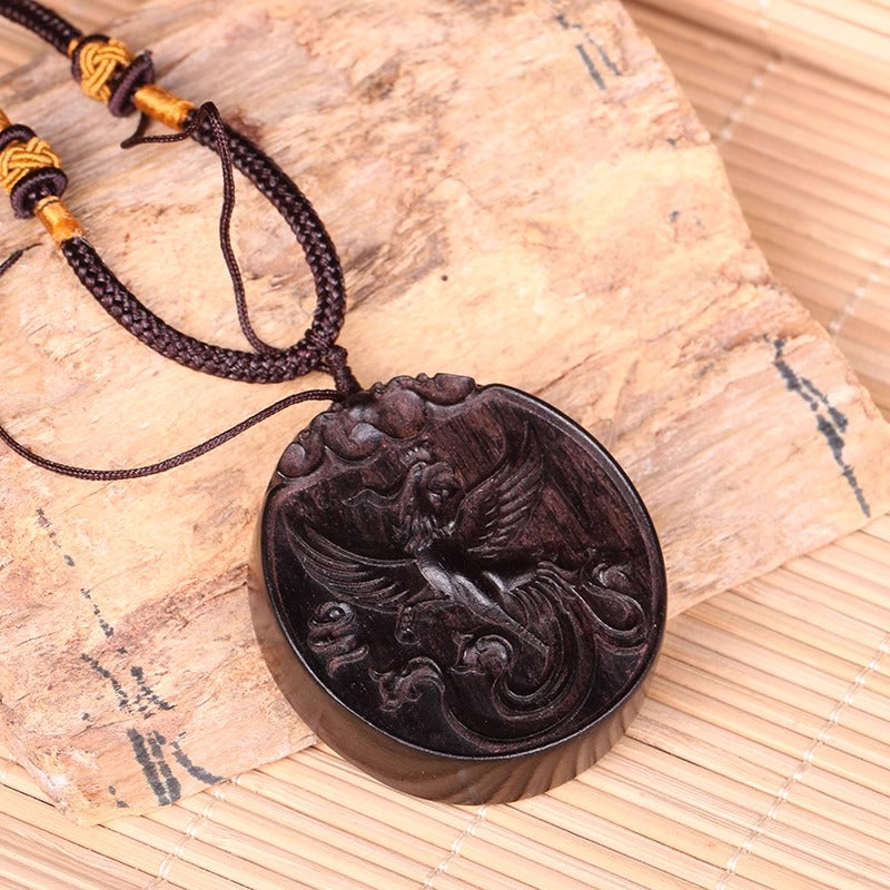 Ebony Wood-Carved Vermilion Bird Pendant