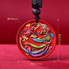 Cinnabar Hand-Painted Thangka Dragon and Phoenix Pendant