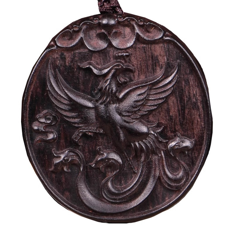 Ebony Wood-Carved Vermilion Bird Pendant