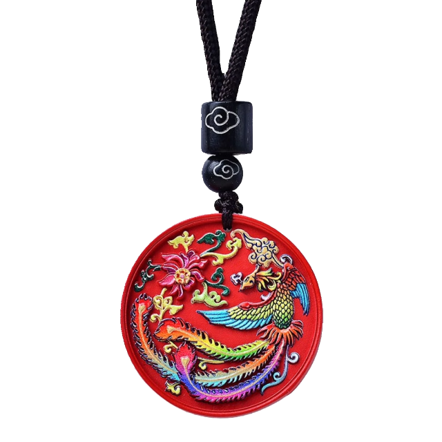 Cinnabar Hand-Painted Thangka Dragon and Phoenix Pendant