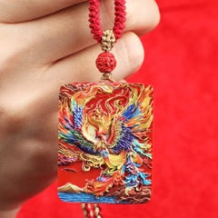 Natural Cinnabar Hand-Painted Phoenix Pendant