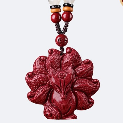 Natural Cinnabar Nine-Tailed Fox Amulet Pendant