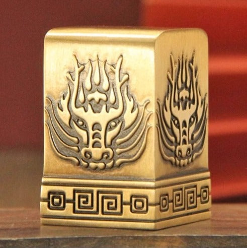 Large Brass Seal with Dragon Commanding Four Corners Design (Free Engraving)