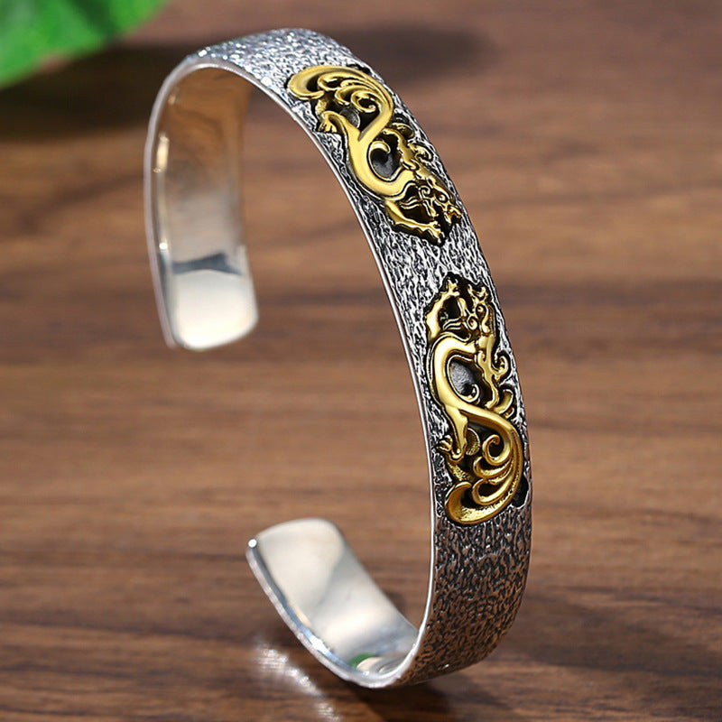 Tsinglong-Solid Retro Bangle with Grass Dragon Pattern