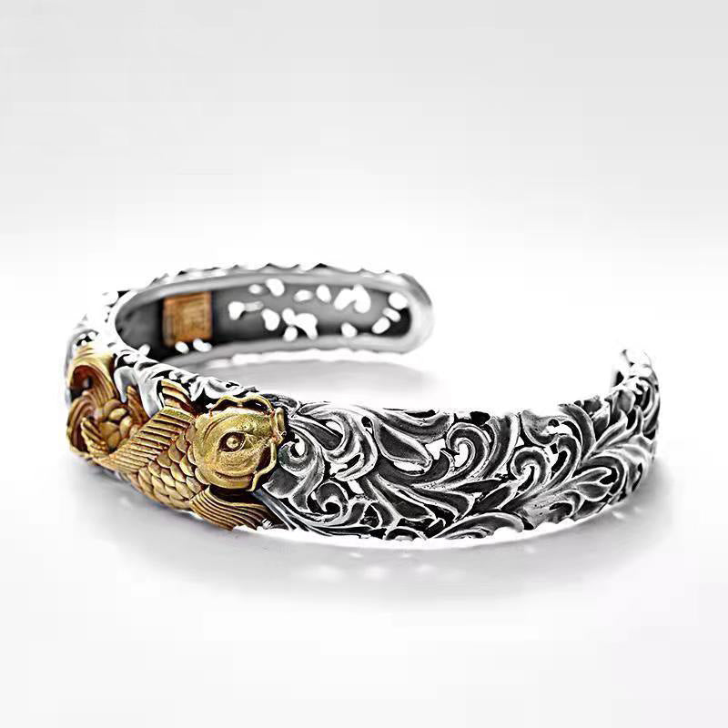 Tsinglong-Multicolor Koi and Tangka Pattern Silver Bangle