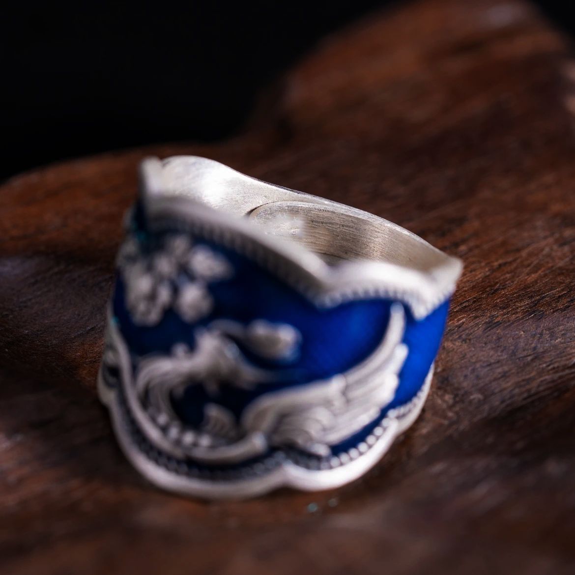 Tsinglong-Enamel Blue Peony Phoenix Ring