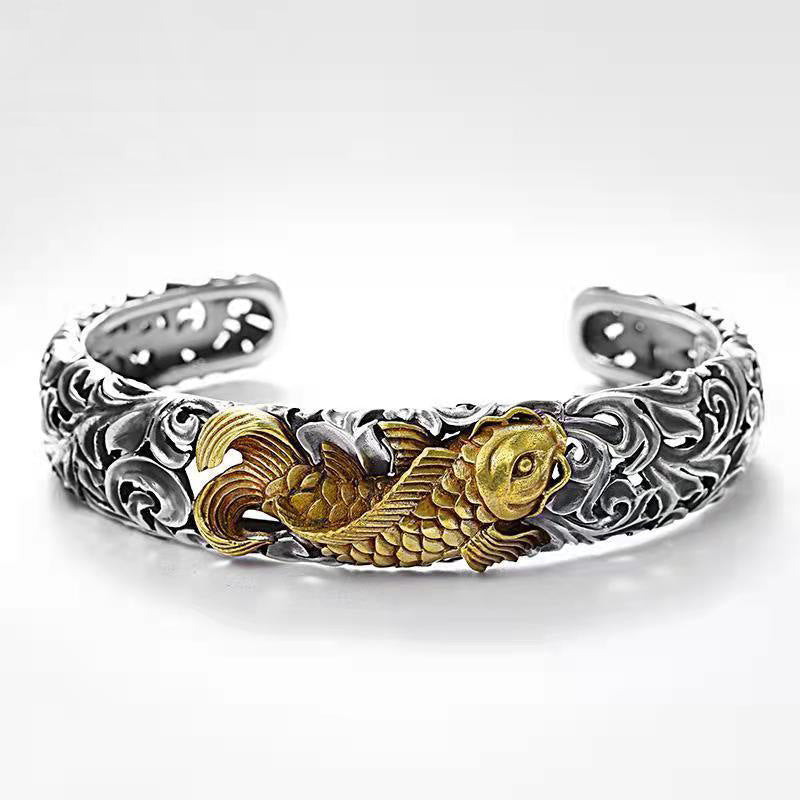 Tsinglong-Multicolor Koi and Tangka Pattern Silver Bangle