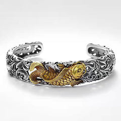 Tsinglong-Multicolor Koi and Tangka Pattern Silver Bangle