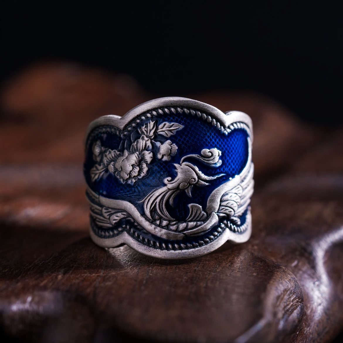 Tsinglong-Enamel Blue Peony Phoenix Ring