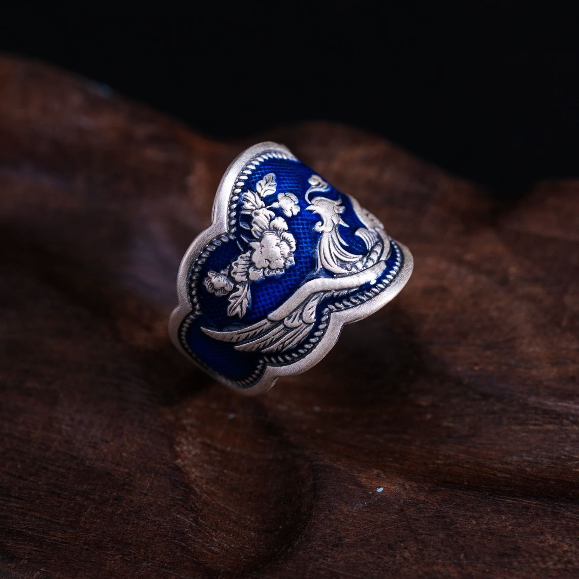 Tsinglong-Enamel Blue Peony Phoenix Ring