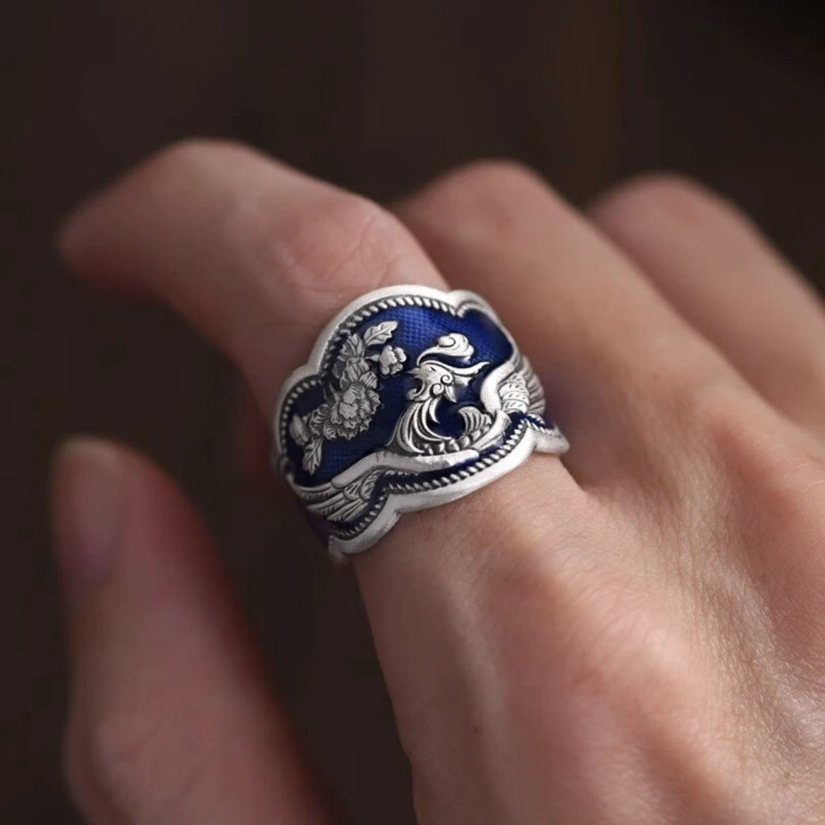 Tsinglong-Enamel Blue Peony Phoenix Ring