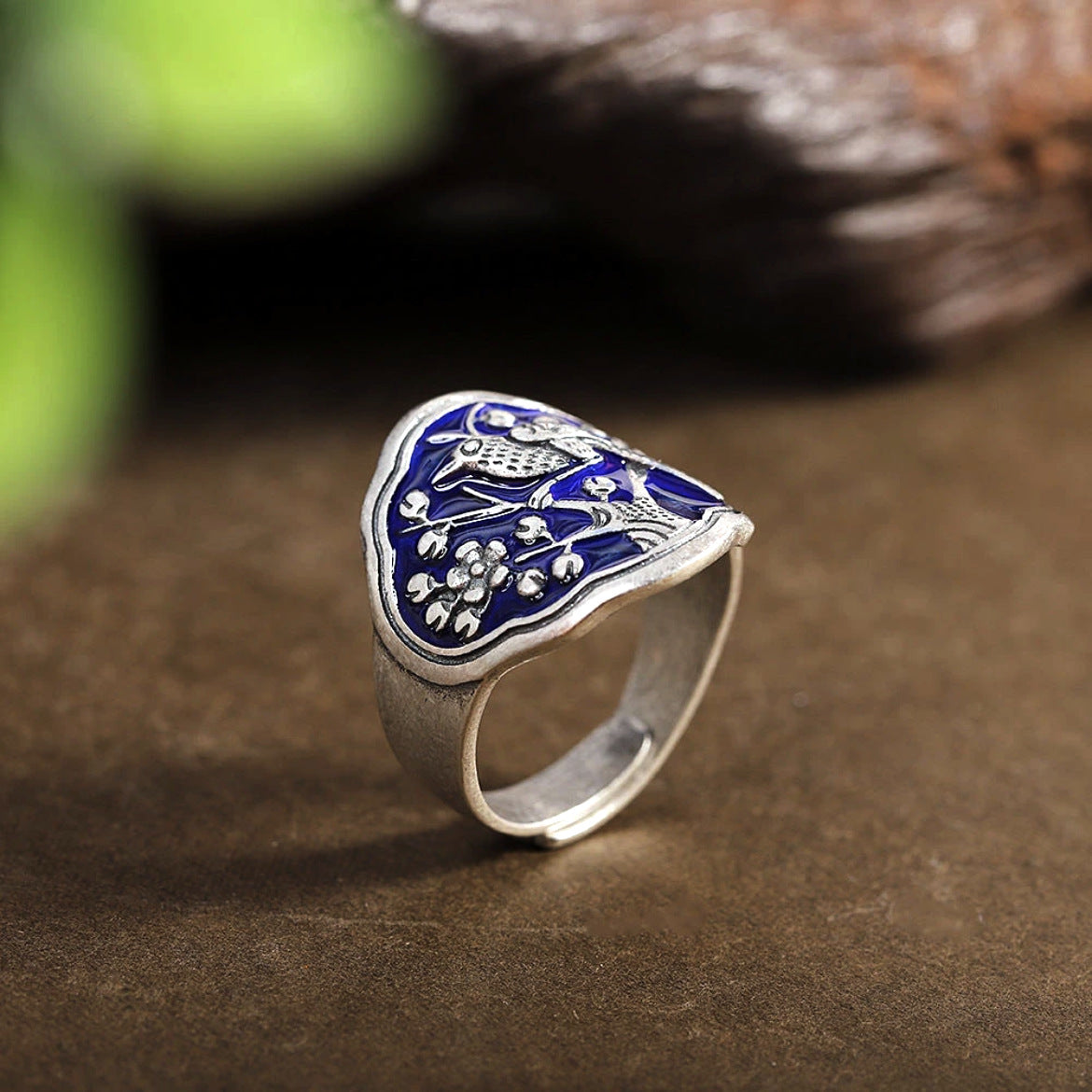 Tsinglong-Enamel Blue 'Joyful Smile' Ring