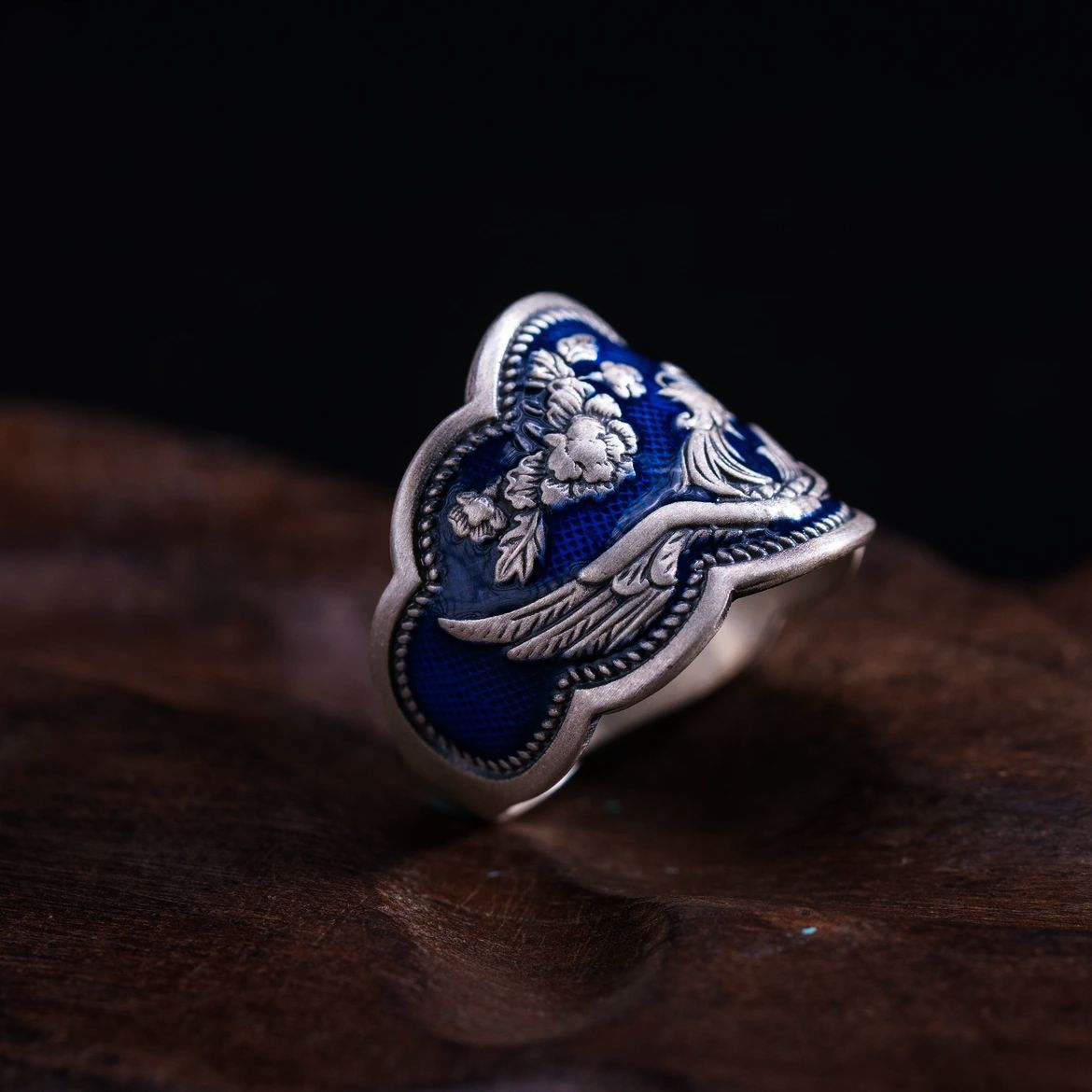 Tsinglong-Enamel Blue Peony Phoenix Ring