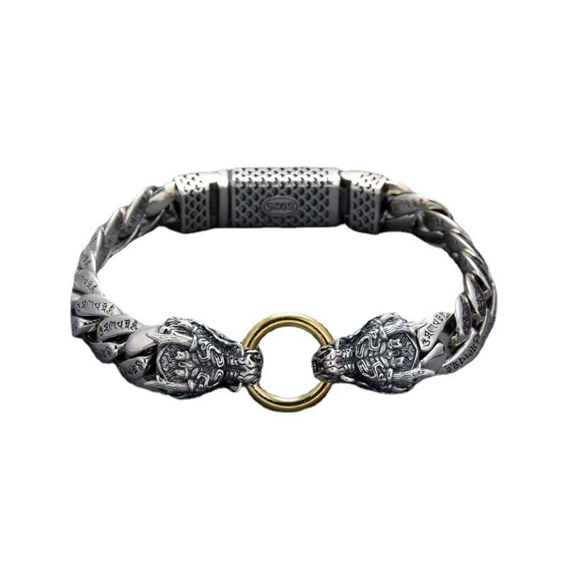 Tsinglong-Vintage Double Dragon Head Six-Word Mantra Bracelet